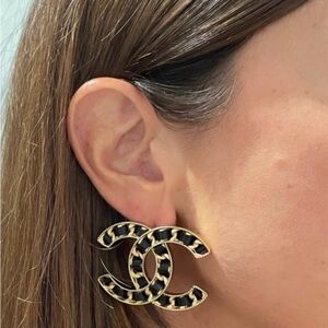 ❌SOLD❌CHANEL 24A XXL Gold & Black LeatherCC Logo Earrings - NEW w/Tag & RECEIPT
